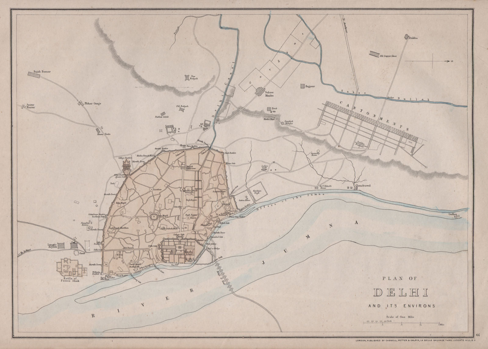 City/town 'PLAN OF DELHI AND ITS ENVIRONS'. Cantonments. India. WELLER 1868 map